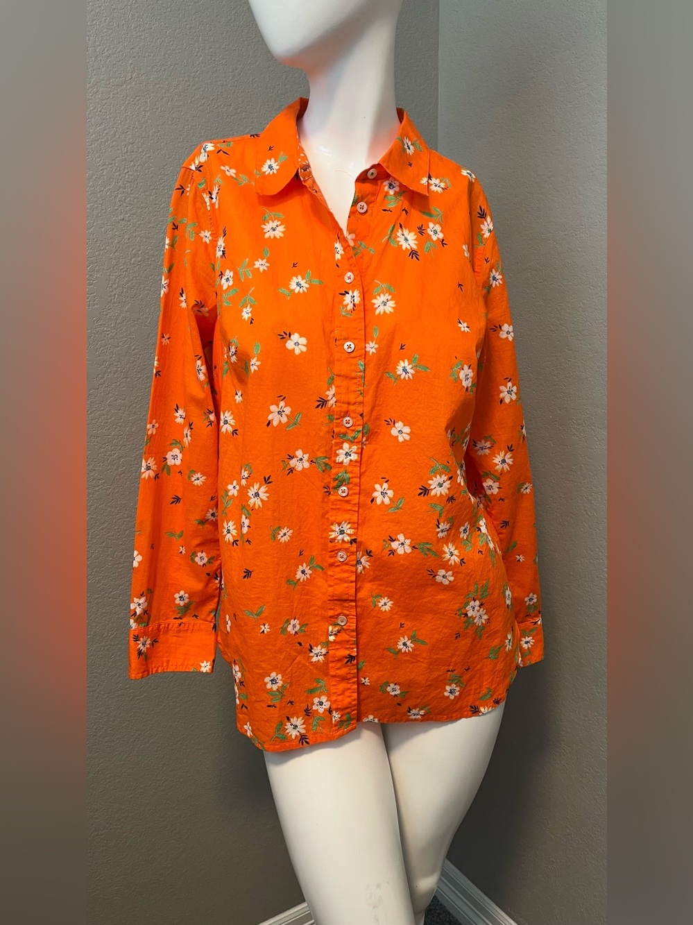 TALBOTS Women’s Cotton Orange Floral Lively Ditsy BD LS Top Shirt Size M - Picture 3 of 16
